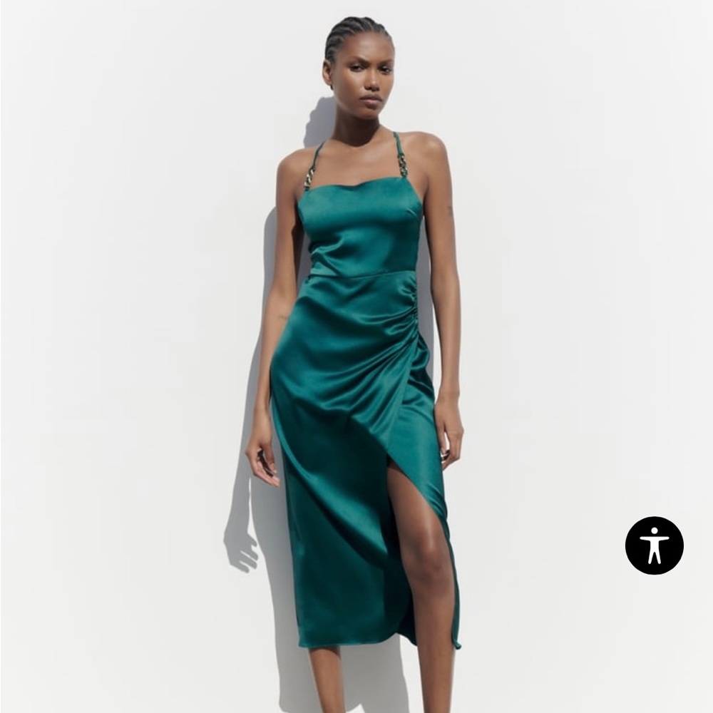 Zara Dark green satin effects slip dress with chain detail straps Small